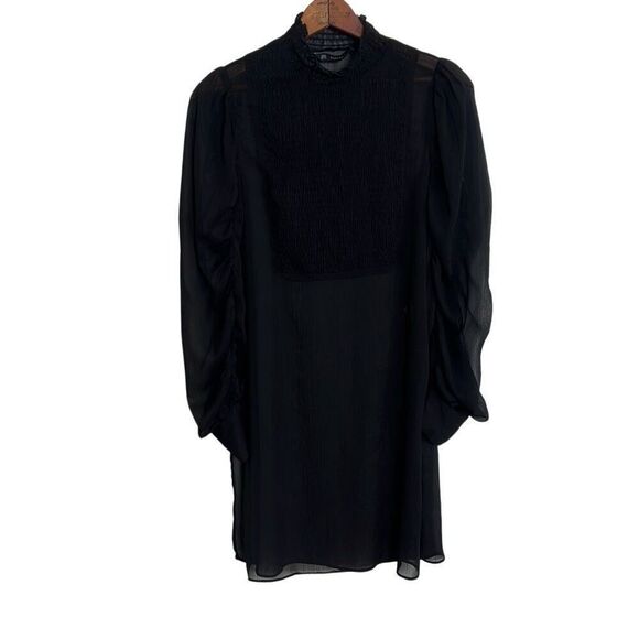 Zara Basic Chiffon Ruched Mock Neck Long Sleeve Mini Dress Black XS - Picture 1 of 9